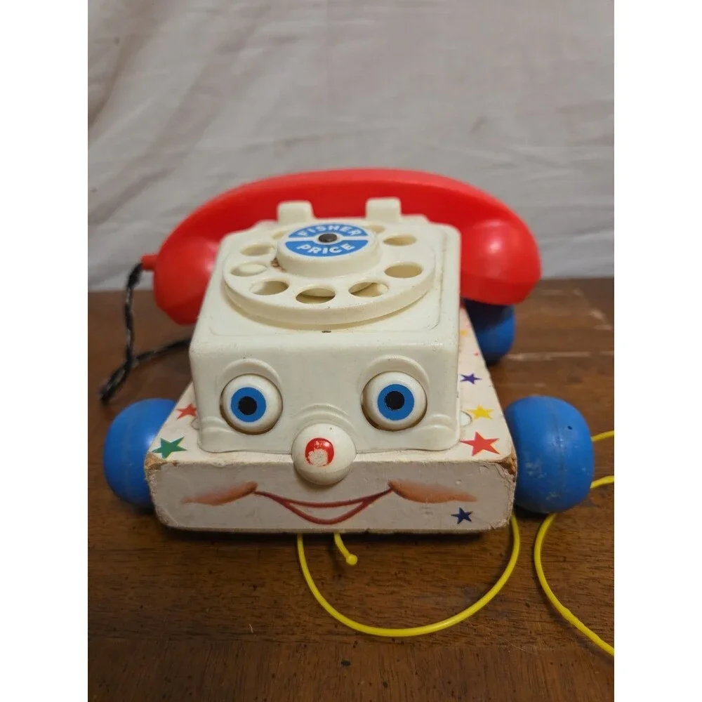 Fisher Price Chatter Telephone #747 1961 Wooden Base Rotary Dial Pull Toy Vintag